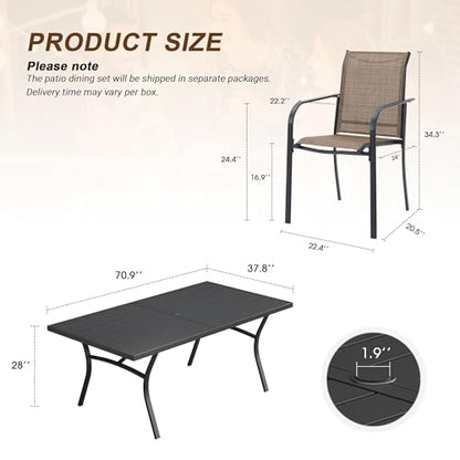 VICLLAX 9 Pieces Patio Outdoor Dining Set, 70" Outdoor Rectangular Metal Dining Table with Umbrella Hole and 8 Stackable Textilene Chairs for Lawn, Garden, Porch, Black/Brown