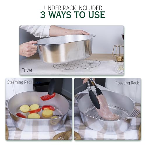 MAGNAWARE Cast Aluminum Oval Dutch Oven with Lid — 8 QT Heavy Duty Roaster Pan with Rack & Silicone Cover Dual Handles — Cajun Cookware for Roasting, Baking, Cooking (13" Medium)