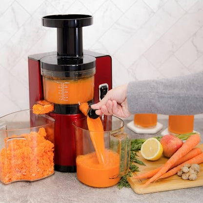 Omega Juicer Cold Press Vertical 43 RPM Slow Masticating Compact Juice Extractor for Fruits and Vegetables Quiet Operation with 3 Stage Auger Automatic Pulp Ejection and No-Drip Tap, 150-Watts, Red