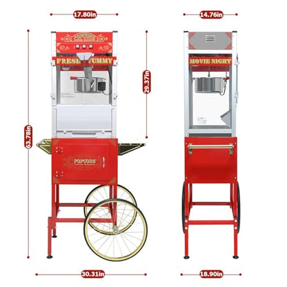 Commercial Popcorn Machine 32OZ with Cart - Stainless Steel Kettle Popper with Wheels, Warming Deck & Tempered Glass, for Business, School, Corporate, Institutional, Theater, Home Use, Red