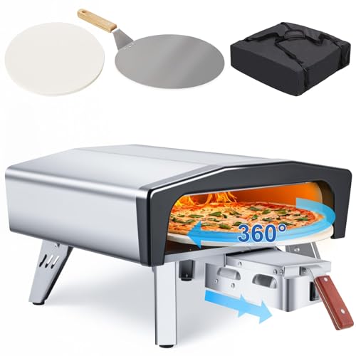 MELLCOM 20 Inch Outdoor Gas Pizza Oven, 360° Auto Rotating Pizza Stone with Pull Out Handle, Includes Pizza Peel & Carry Bag, Portable Stainless Steel Propane Pizza Oven for Backyard, Camping, Grill