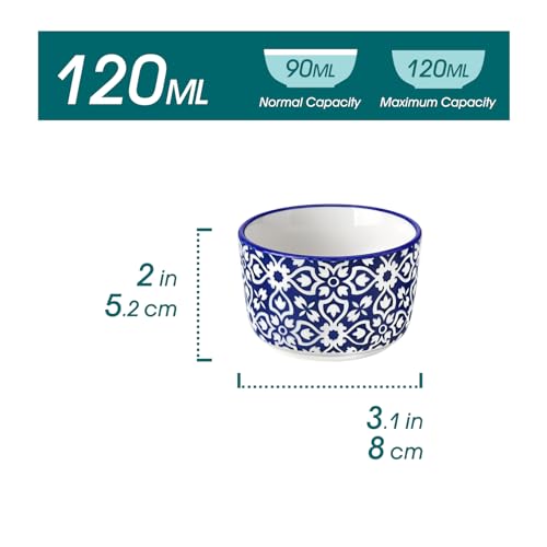 vancasso Selene 4 oz Mini Ceramic Ramekins Set of 6, Oven-Safe Baking Cups for Crème Brûlée, Soufflés, Desserts, Handcrafted Blue and White Patterns