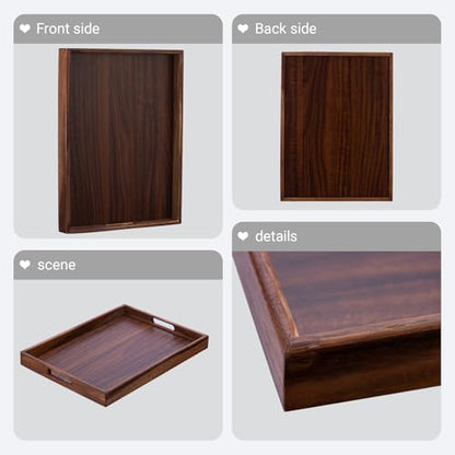 Wooden Serving Tray with Handles, Wood Decorative Trays for Coffee Table Tray, Rectangular Food Trays for Party Platters, Breakfast in Bed, Couch, Ottoman, Dinner, Appetizers, Decor(15.7x11.8x1.6)