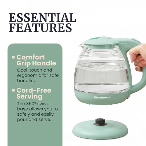 Elite Gourmet 1L Glass Electric Water Kettle, BPA-Free, Fast Boil, Auto Shut-Off, Boil-dry Protection, 360° Swivel Base with Cordless Serving, Clear-view Water Level Markings, Mint