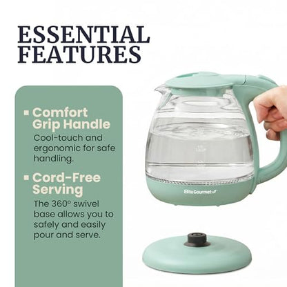 Elite Gourmet 1L Glass Electric Water Kettle, BPA-Free, Fast Boil, Auto Shut-Off, Boil-dry Protection, 360° Swivel Base with Cordless Serving, Clear-view Water Level Markings, Mint