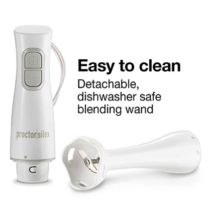 Proctor Silex Electric Immersion Blender with Detachable Dishwasher Safe Handheld Hand Blender Stick, 2-Speeds, 150 Watts, White (59739)
