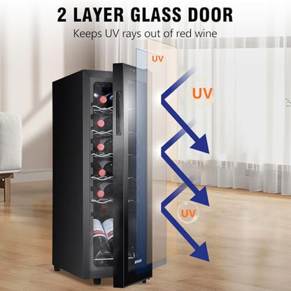 STAIGIS 12 Bottle Wine Cooler, Mini Fridge for Red and White, Small Freestanding Refrigerator with 40-66F Digital Temperature Control Glass Door