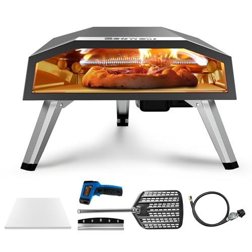 Outdoor Propane Gas Pizza Oven – 12" Camping Pizza Oven with Gas Regulator Cooks Pizza In 80-second, Propane Grill Reaches 930°F, with Pizza Stone/Peel/Cutter/Infrared Thermometer (12 Inches)