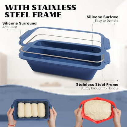 Bread Pan for Homemade Bread：9.5 x 5 Inch Silicone Loaf Pan for Baking with Metal Frame - Nonstick Banana Loaf Tin Tray for Sandwich Sourdough Pumpkin Sour Dough - for Oven Kitchen Home Bakers
