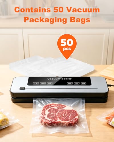 Vacuum Sealer Machine, 75KPa Strong Suction Dry Moist Mode Automatic Food Sealer with Digital Timer, Built-in Cutter, Compact Food Saver Machine White, Comes with 50 Vacuum Bags