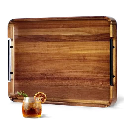 OurMiao 22 x 15.7 Inches Acacia Wood Serving Tray with Metal Handles, Large Rectangular Ottoman Tray with Rounded Corner, Great for Living Room, Coffee Table, Kitchen, Serving Food & Hosting