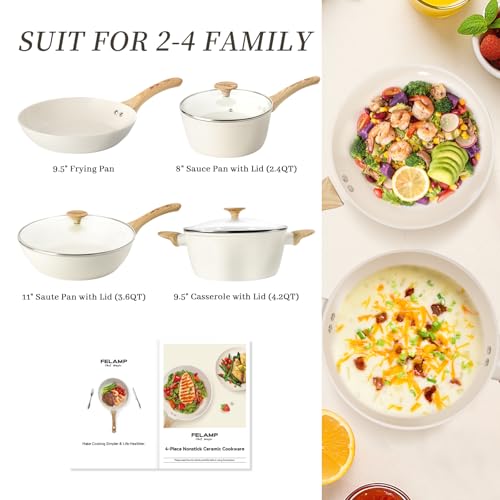 FELAMP Healthy Ceramic Nonstick Cookware Set, 7-Piece PFOA/PFOS/Toxin-Free Pots & Pans Set for Induction & All Stovetops, Dishwasher Safe with Glass Lids，Gift for New Home & Chefs