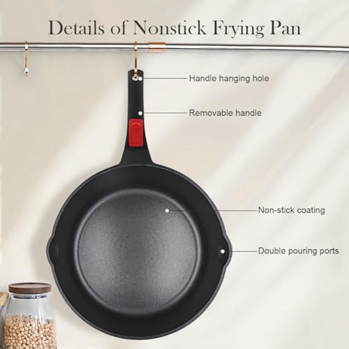 Bobikuke 10 Inch Deep Frying Pan with Lid, Non Stick Frying Pans Saute Pan, Nonstick Skillet Cooking Pan Kitchen Pans, Compatible with All Stoves, Detachable Handle, Oven Safe, PFOA Free, Red (4 Qt)