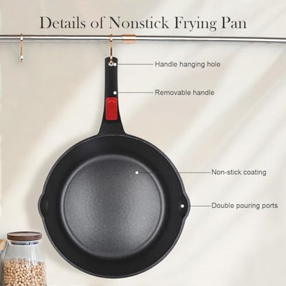 Bobikuke 10 Inch Deep Frying Pan with Lid, Non Stick Frying Pans Saute Pan, Nonstick Skillet Cooking Pan Kitchen Pans, Compatible with All Stoves, Detachable Handle, Oven Safe, PFOA Free, Red (4 Qt)