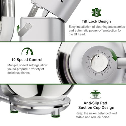 Camic Electric Stand Mixer,7.45 QT,10 Speeds with Dough Hook,Whisk, Flat Beater Attachments, Splash Guard, Easy-Carry Top Handle,3-IN-1 Kitchen Mixer for Baking Cakes Cookie Bread Salad (Silver)