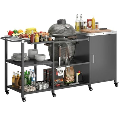 Outsunny Grill Table for Big Green Egg Grill, Heavy Duty Metal BBQ Prep Table with Stainless Steel Top, Storage Cabinet, Spice Rack, Paper Towel Rack, Outdoor Kitchen Island with Wheels, Hooks, Handle