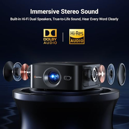 1500 ANSI Official Licensed Google TV Smart Projector, HAPPRUN 4K Full HD Home Theater with Auto Focus, Dolby Sound, Wi-Fi Bluetooth, Built-in Apps, Compatible with Phone & PC, Indoor & Outdoor Use