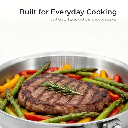 Fortune Candy 8-Inch Fry Pan with Lid, 3-ply Skillet, 18/8 Stainless Steel, Dishwasher Safe, Induction Ready, Silver