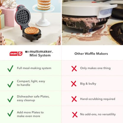Dash MultiMaker® Mini System - Compact Waffle Maker for Family Breakfasts - Removable Griddle Plates & nonstick surface - 5 Plates - Red