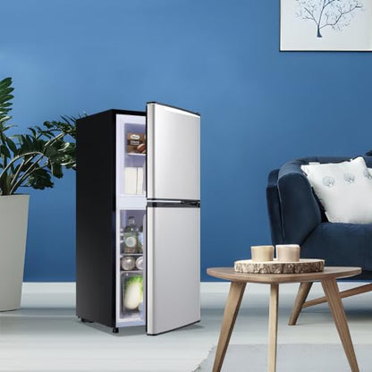 DEMULLER 3.88 CU.FT Capacity Refrigerator with Freezer Double Door Mini Fridge Small Refrigerator with 7 Adjustable Temp Control & 3 Glass Shelves for Kitchen Office Dorm Silver