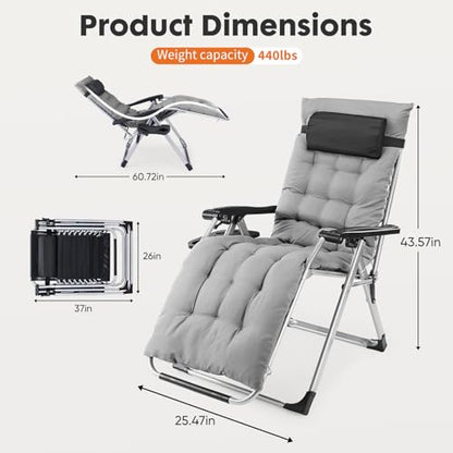 DUMOS Zero Gravity Chair, Reclining Camping Lounge Chair for Outdoor, Reclining Patio Chairs with Cup Holder Trays and Removable Cushion, Folding Recliner for Indoor, Grey