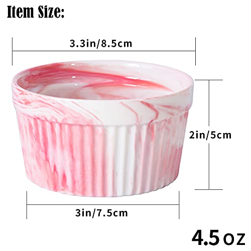 Yundu 4.5 Ounce Pink Marble Ceramic Ramekins - Perfect for Creme Brulee, Oven Safe Baking Bowls - Set of 6