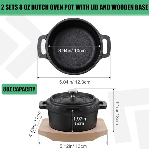 Suttmin 2 Sets 8 oz Dutch Oven Pot with Lid and Wooden Base Pre Seasoned Cast Iron Casserole Mini Cast Iron Pot Round Cocotte with Handle Heavy Duty Casserole Dish for Grill Oven Black