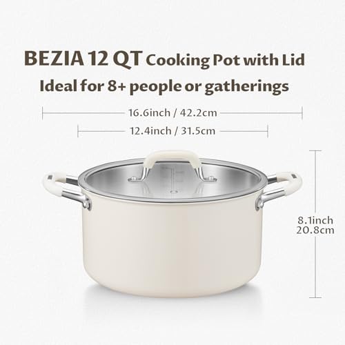 12 Quart Nonstick Stock Pot with Lid, BEZIA Fully-Clad 3-Ply Stainless Steel Pots, Induction Soup Pot with Lid, Kitchen Cooking Pots with Silicone Handle, for All Cooktops, Free of PTFE/PFOA/PFOS