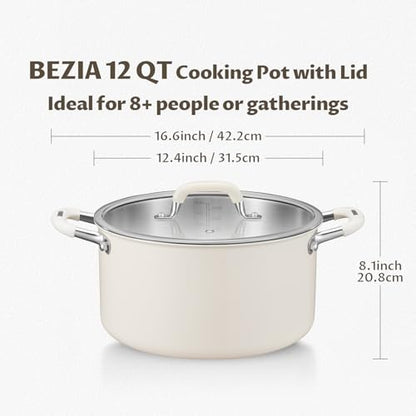 12 Quart Nonstick Stock Pot with Lid, BEZIA Fully-Clad 3-Ply Stainless Steel Pots, Induction Soup Pot with Lid, Kitchen Cooking Pots with Silicone Handle, for All Cooktops, Free of PTFE/PFOA/PFOS