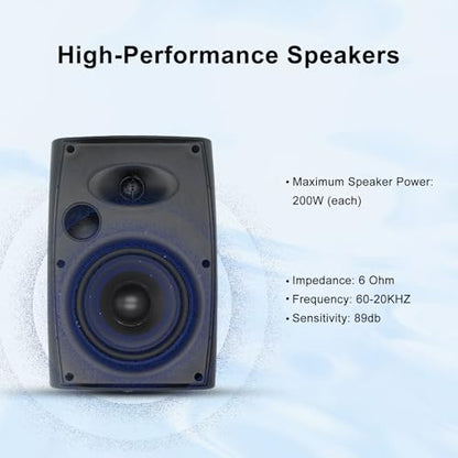 Herdio 6.5 Inch 800W Outdoor Bluetooth Speakers Wired Waterproof with Multifunctional Amplifier, Wall Mount Speaker System for Patio Home Poolside Deck Backyard(2 Pairs,Black)