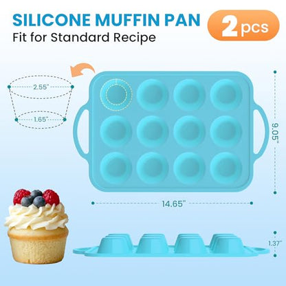 RCMo 2Pack Silicone Muffin Pan for Baking with Metal Reinforced Frame, 12 Cup Regular Size Cupcake Pan, BPA Free Silicone Muffin Tray, Cupcake Baking Pan Molds for Oven Dishwasher Safe - Blue