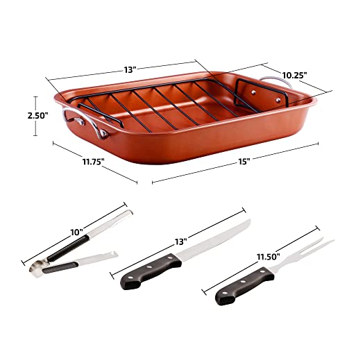 OVENTE Stainless Steel Roasting Pan with V-Shape Rack and Carving Set, 15x11.75 Inch Nonstick Roaster Tray, Oven & Dishwasher Safe Bakeware Dish for Turkey, Roasted Chicken or Beef, Copper CWR24619CO