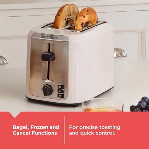 BLACK+DECKER 2-Slice Toaster, Extra-Wide Slots, 7 Shade Settings, Bagel & Frozen Functions, Removable Crumb Tray, Baked Stone