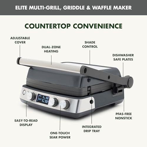 GreenPan Elite 6-in-1 Multi-Function Contact Grill & Griddle, Healthy Ceramic Nonstick Reversible Plates, Adjustable Shade & Shear, Closed Press/Open Flat Surface, PFAS-Free, Graphite