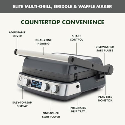 GreenPan Elite 6-in-1 Multi-Function Contact Grill & Griddle, Healthy Ceramic Nonstick Reversible Plates, Adjustable Shade & Shear, Closed Press/Open Flat Surface, PFAS-Free, Graphite