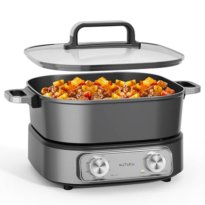 6-Quart Electric Skillet, Hot Pot | Non-Stick PFOA-Free Ceramic-Coated Pot, 1600W, Timer & 3 Power Settings for Steak, Egg, Ramen, Nonstick Pot