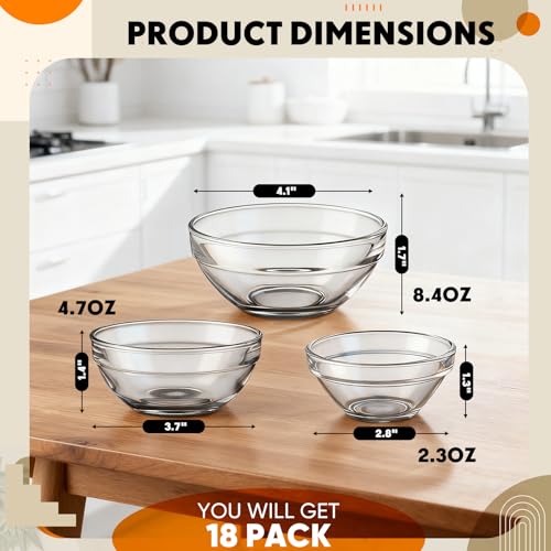 Sawysine 18 Pcs Glass Prep Bowl Sets 8.4oz/4.7oz/2.3oz Clear Small Pinch Bowls Salt Spices and Ingredients Serving Bowls Stackable for Kitchen Prep Cooking, Dishwasher Safe