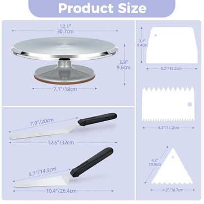 Cake Turntable, Ohuhu Aluminium 12'' Cake Decorating Kit Supplies Rotating Stand Revolving Spinner with 2 Icing Spatula 3 Comb Smoother