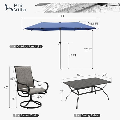 PHI VILLA 8-Piece Patio Dining Set for 6 with 13ft Umbrella