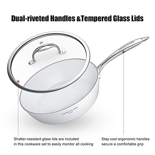 COOKSMARK Nonstick Ceramic Cookware Set, Induction & Dishwasher Safe Scratch-Resistant Pots and Pans Set with Glass Lids 10 Pieces, White