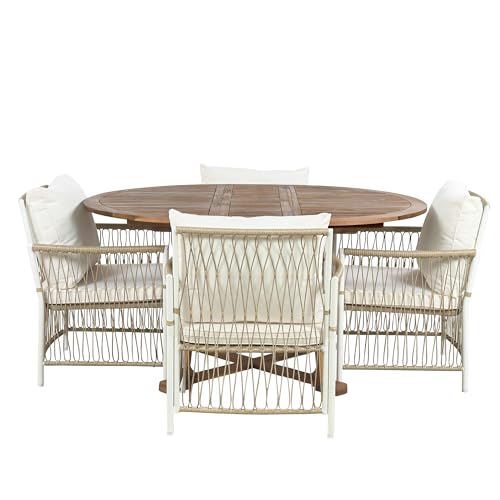 VilroCaz 5-Piece Outdoor Patio Dining Set, All-Weather Acacia Wood Extendable Round Dining Table with 12inch Butterfly Leaf and 4 Rattan Arm Chairs for Backyard, Balcony, Garden, Poolside