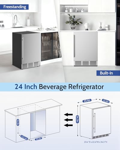 Feelfunn 24 inch Beverage Refrigerator - 180 Cans Beverage Fridge Under Counter with Stainless Steel Door, Built-in or Freestanding Beer Fridge, Outdoor Refrigerator for Patio Kitchen Home Bar