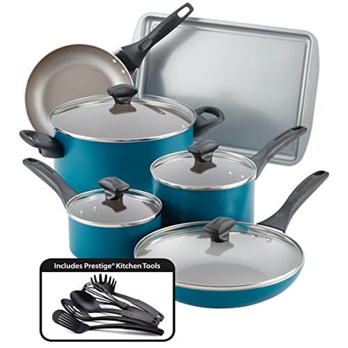 Farberware Dishwasher Safe Aluminum Nonstick Cookware Pots and Pans Set, 15-Piece, Teal