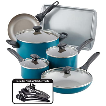 Farberware Dishwasher Safe Aluminum Nonstick Cookware Pots and Pans Set, 15-Piece, Teal