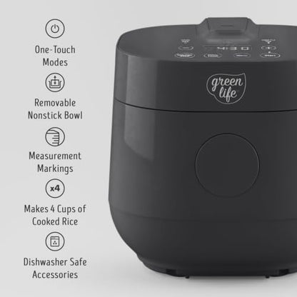 GreenLife Rice Cooker Digital 4-Cup (Cooked), Keep Warm, 4 Presets, Black