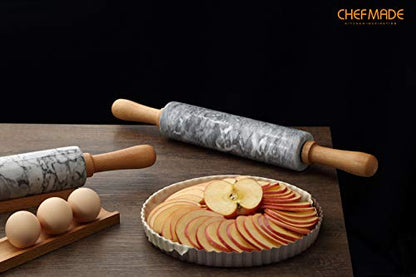 CHEFMADE 18-Inch Marble Rolling Pin with Wooden Handles and Cradle, Non-Stick (Gray and White)