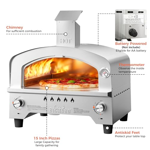 BIG HORN Gas Pizza Oven, Portable Propane Pizza Oven with 15 inch Pizza Stone, Stainless Steel Pizza Maker for Outdoor Cooking
