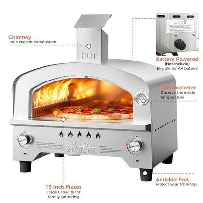 BIG HORN Gas Pizza Oven, Portable Propane Pizza Oven with 15 inch Pizza Stone, Stainless Steel Pizza Maker for Outdoor Cooking