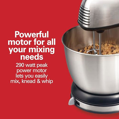 Hamilton Beach Classic Stand and Hand Mixer, 4 Quarts, 6 Speeds with QuickBurst, Bowl Rest, 290 Watts Peak Power, Black and Stainless