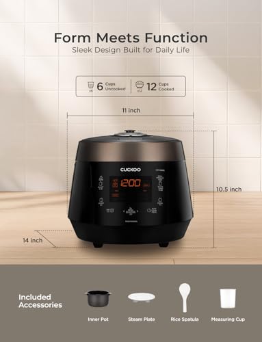 CUCKOO High Pressure Rice Cooker 6-Cup Uncooked / 12-Cup Cooked with Nonstick Inner Pot, Versatile Rice Maker with 12 Menu Options and Steam Plate, Fuzzy Logic Tech, Voice Guide, Black (CRP-P0609S)